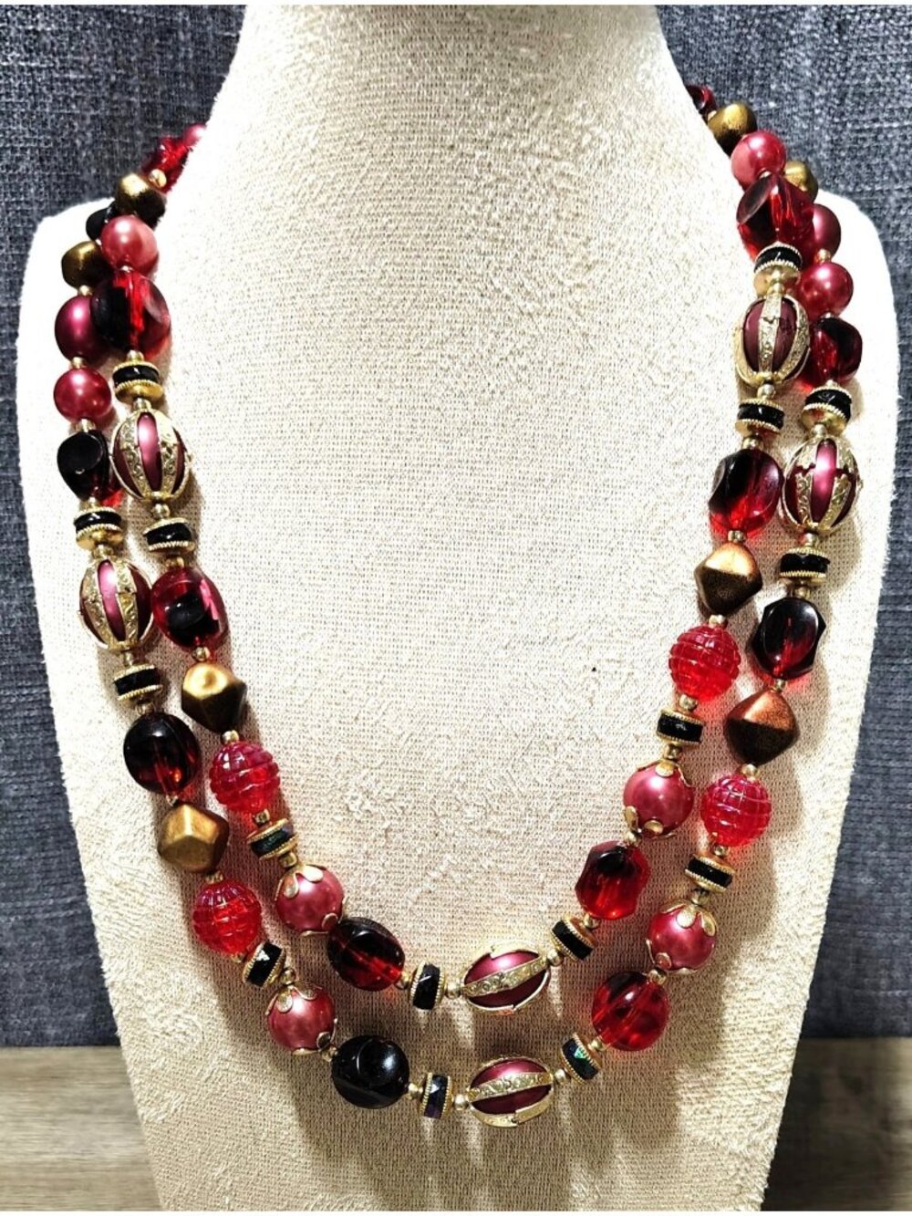 Vtg Vendome Style Red Gold Multicolor Beaded Necklace Double Strand Statement